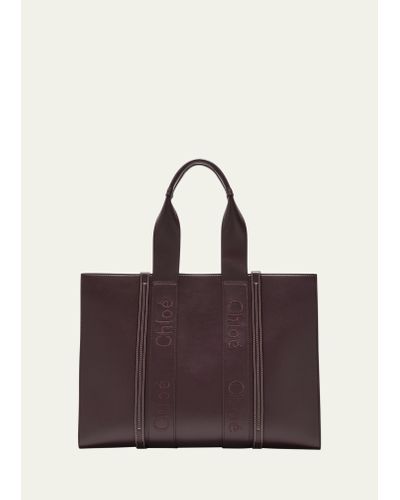 Chloé Woody Large Tote Bag In Leather - Purple
