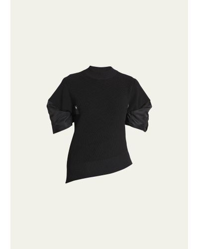 Sacai Satin Puff-sleeve Rib Knit Asymmetric Sweater - Black