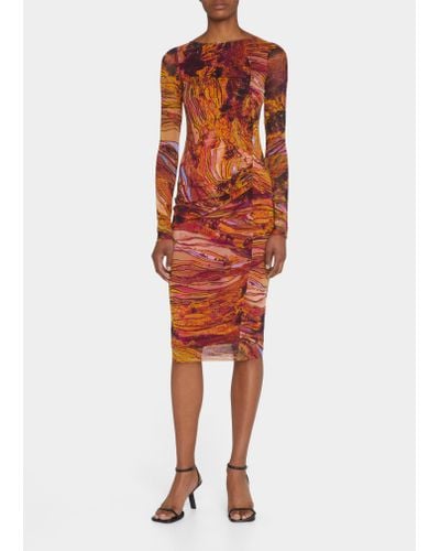 Fuzzi Abstract-print Long-sleeve Tulle Dress - Red