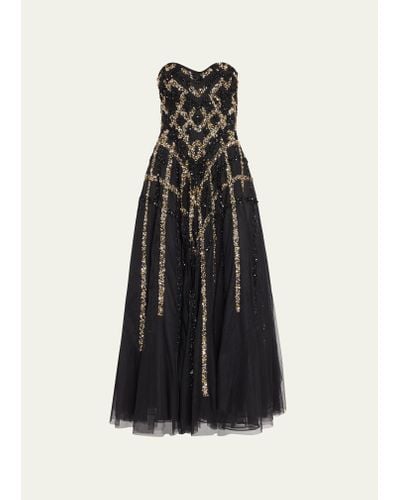 Reem Acra Beaded Strapless Tea-length Tulle Dress - Black
