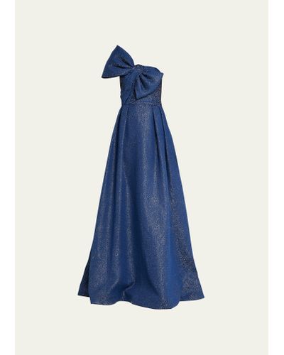 Teri Jon Pleated Metallic Jacquard Bow Gown - Blue