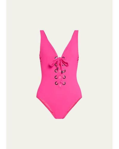 Karla Colletto Lucy V-neck Lace-up Underwire Tank One-piece Swimsuit - Pink