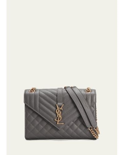 Saint Laurent Envelope Triquilt Medium Ysl Shoulder Bag In Grained Leather - Gray