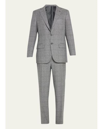 Kiton Windowpane Cashmere Suit - Gray