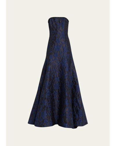 Naeem Khan Blue Jacquard Gown With Embroidered Detail