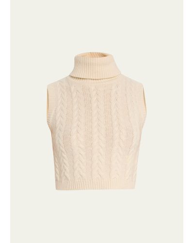 Max Mara Oscuro Cable Cropped Wool Cashmere Turtleneck Sweater - Natural