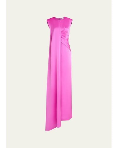 Halston Tara Pleated Draped Satin Column Gown - Pink