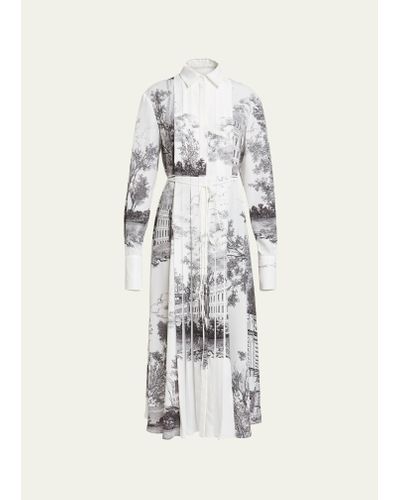 Erdem Printed Long-sleeve Pintuck Shirt Dress - White
