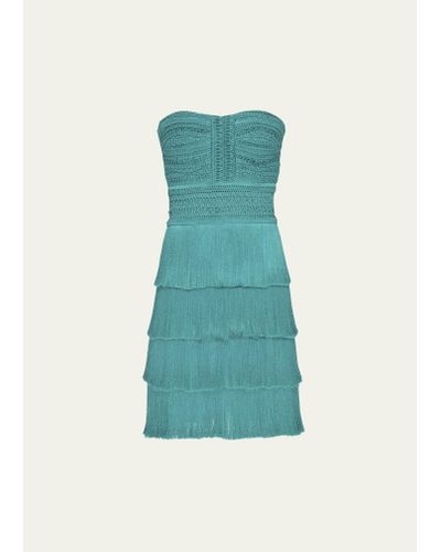 PATBO Jacquard Fitted Strapless Crochet Fringe Mini Dress - Blue