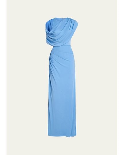 Halston Casi Side-slit Draped Jersey Gown - Blue