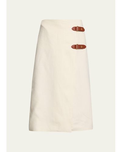 Loro Piana Structured Linen Midi Skirt With Leather Belted Detail - Natural