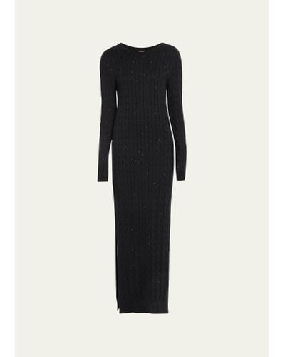 Brunello Cucinelli Paillette Cotton Cable-knit Long-sleeve Slits Sweater Gown - Black