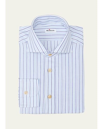 Kiton Cotton-linen Stripe Dress Shirt - Blue