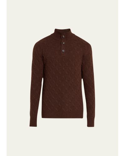 Bergdorf Goodman Cashmere Cable Knit Mock Neck Sweater - Brown