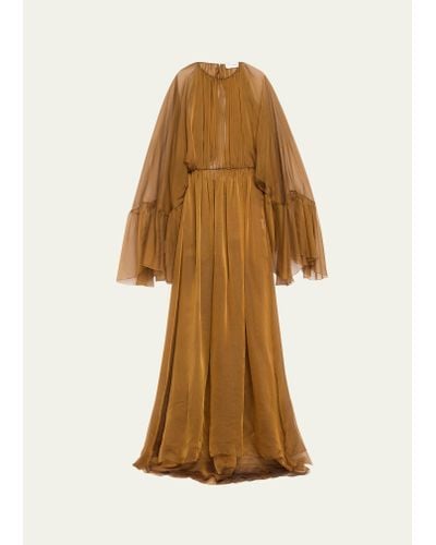 Saint Laurent Chiffon Flowy Gown With Ruffle Sleeves - Natural