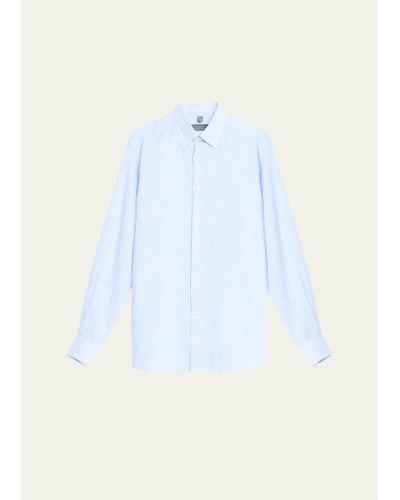 Bergdorf Goodman Linen Stripe Casual Button-down Shirt - Blue