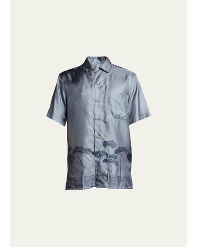 Brioni Roman Tree-print Silk Camp Shirt - Blue