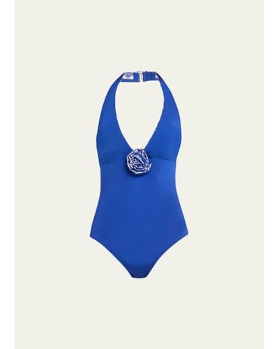 VERANDAH Rosette Halter One-piece Swimsuit - Blue