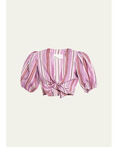 Lisa Marie Fernandez Pouf Striped Linen Tie Blouse - Pink