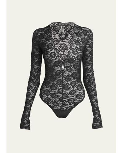 Balenciaga Lace Scallop Frayed Bodysuit Top - Black