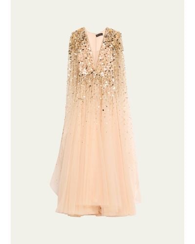 Jenny Packham Alondra Bead Sequined Cape-sleeve Gown - Natural