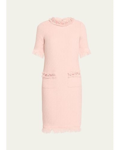 Teri Jon Beaded Fringe-trim Boucle Midi Dress - Pink