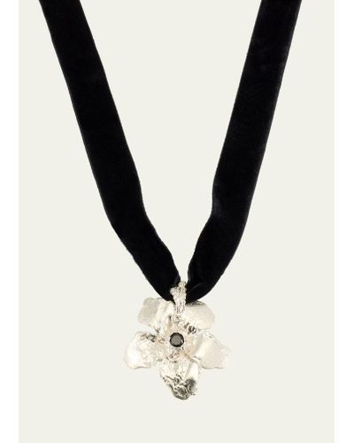 Elhanati Flower Pendant Necklace With Spinel On Velvet Band - White
