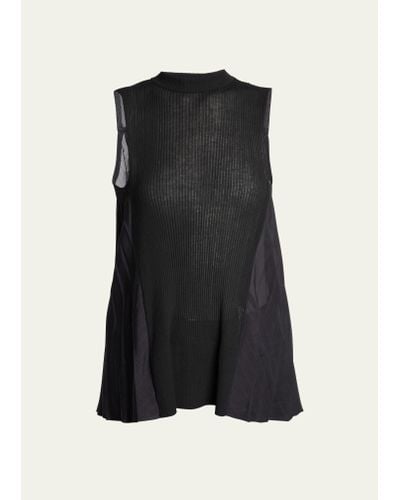 Sacai Sl Knit Top With Sheer Pleat - Black