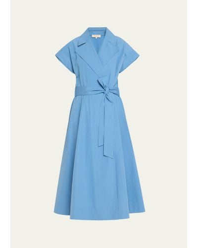 Lafayette 148 New York Belted Organic Cotton Poplin Midi Wrap Dress - Blue