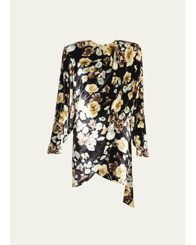 Saint Laurent Floral Velvet Ruched Mini Dress - Black