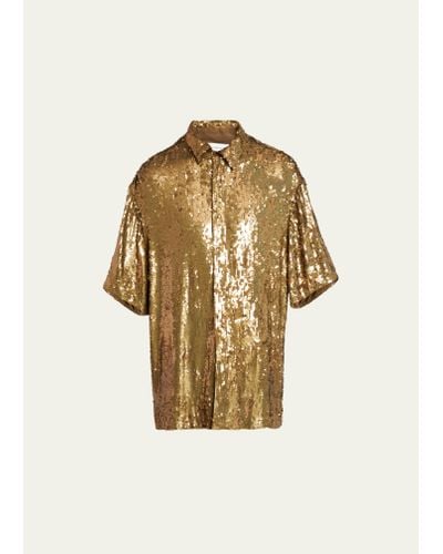 Dries Van Noten Shiny Paillette Short-sleeve Shirt - Metallic
