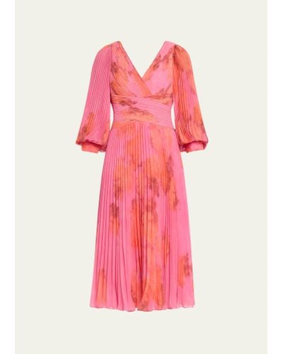 Teri Jon Pleated Abstract-print Chiffon Midi Dress - Pink