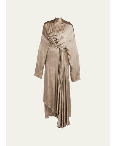 Balenciaga Front Drape Bb Scarf-neck Silk Dress - Natural
