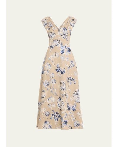 Lela Rose V-neck Floral-print Sleeveless Empire-waist Maxi Dress - Natural
