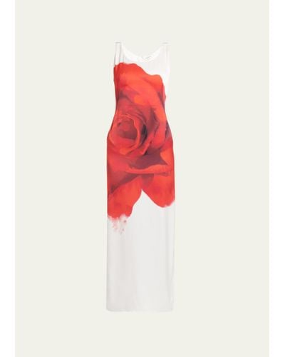 Alexander McQueen Long Bleeding Rose Print Silk Dress - Red
