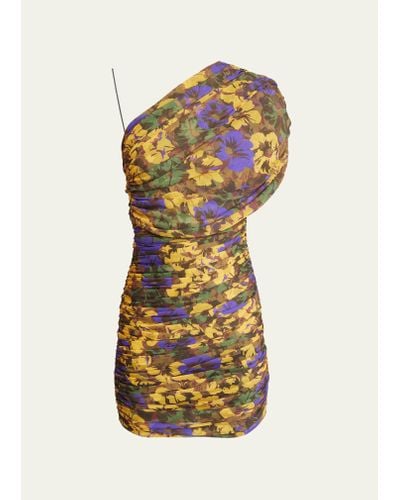 Saint Laurent One-shoulder Ruched Floral-print Mini Dress - Multicolor