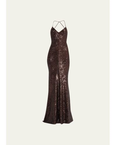 Naeem Khan Sequined Spaghetti Strap Gown - Natural