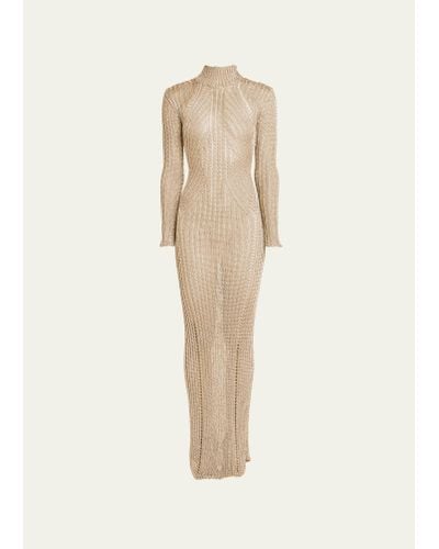 Tom Ford Metallic Knit Turtleneck Long-sleeve Open-back Maxi Gown - Natural