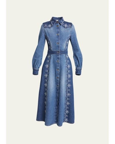 Chloé Fit-flare Denim Embroidered Midi Dress - Blue