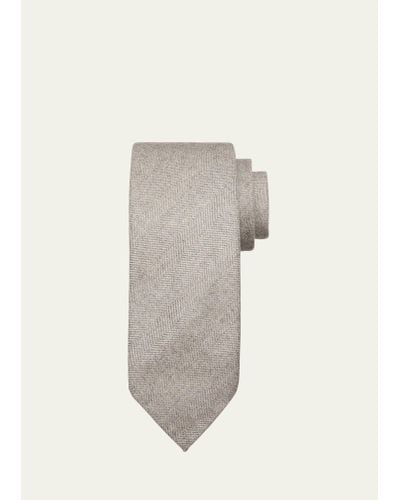 Brioni Silk Herringbone Tie - White