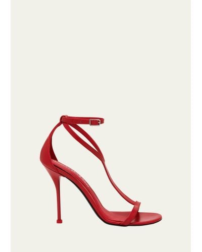 Alexander McQueen Harness Leather T-strap Stiletto Sandals - Red