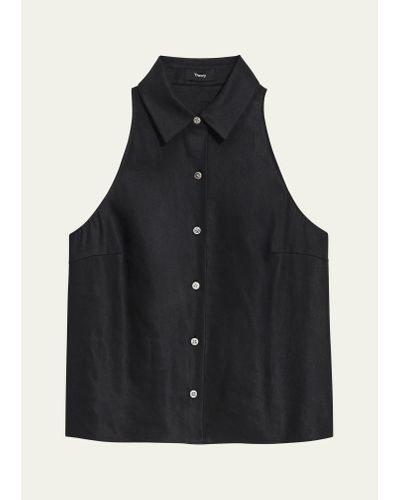 Theory Sleeveless Linen-blend Button-front Halter Shirt - Black