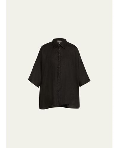 Eskandar Sloped Shoulder Wide A-line Shirt With Collar (long Length) - Black