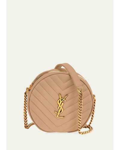 Saint Laurent Vinyle Ysl Round Crossbody Bag In Quilted Grained Leather - Natural
