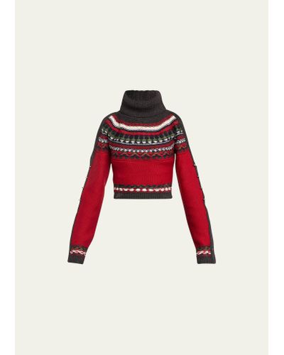 Monse Fair Isle Wool Cropped Turtleneck With Sleeve Slits - Red