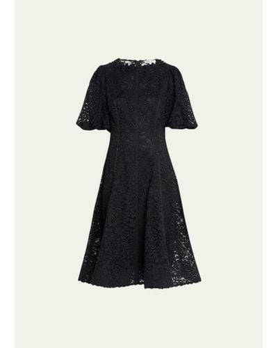 Teri Jon Embroidered Puff-sleeve Floral Lace Knee Dress - Black