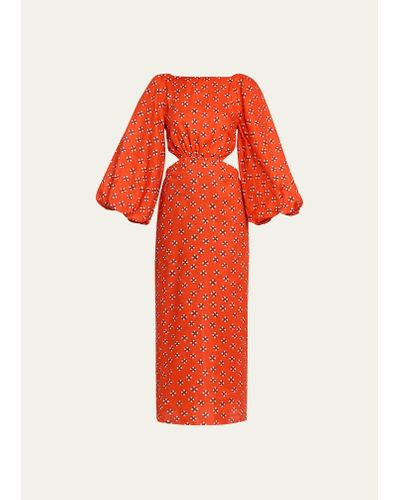 Johanna Ortiz Geometric Composition Printed Open-back Puff-sleeve Linen Dress - Red