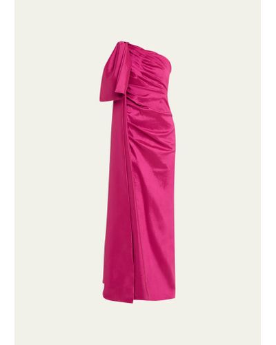 Rachel Gilbert Alessandra Ruched One-shoulder Bow Column Gown - Pink