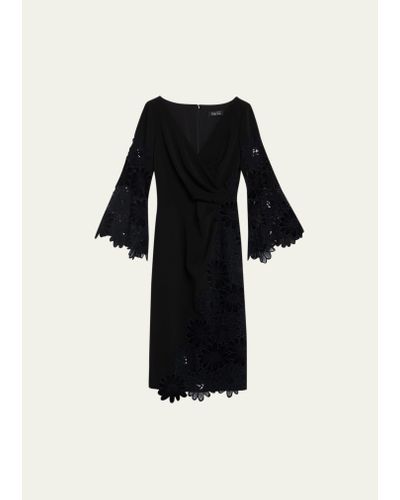 Teri Jon Pleated Floral Lace-trim Midi Dress - Black