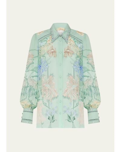 Camilla Floral Silk Button-front Blouson-sleeve Blouse - Green